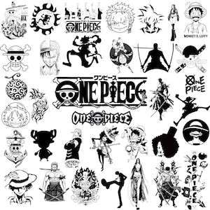 Peut inclure: Une collection d'autocollants en vinyle noir et blanc représentant divers personnages, logos et symboles de la série animée One Piece, incluant Monkey D. Luffy, Roronoa Zoro et l'emblème iconique de crâne et d'os croisés sur fond blanc.