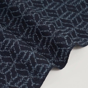May include: Close-up of a dark blue fabric with a white geometric pattern. The fabric is folded, showing texture and depth. The pattern consists of interconnected, abstract shapes, creating a visually interesting design.