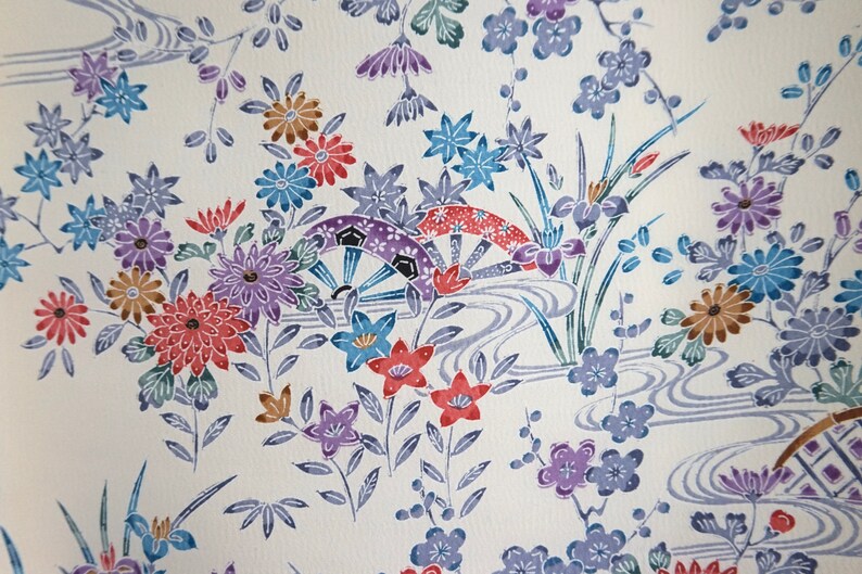 Floral Bingata chirimen silk kimono fabric Vintage Japanese Kimono Fabric