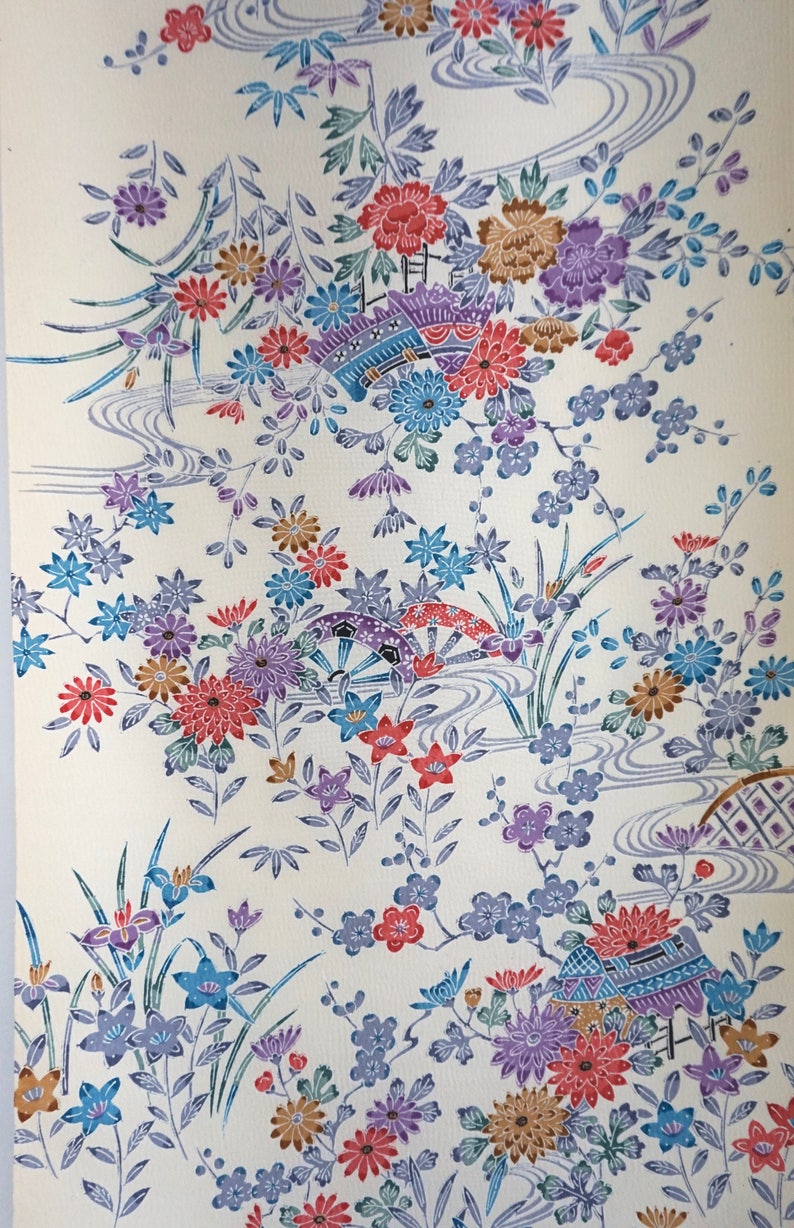 Floral Bingata chirimen silk kimono fabric Vintage Japanese Kimono Fabric