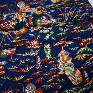 Vintage Japanese Temple Garden Scene Tango Chirimen Kimono Fabric