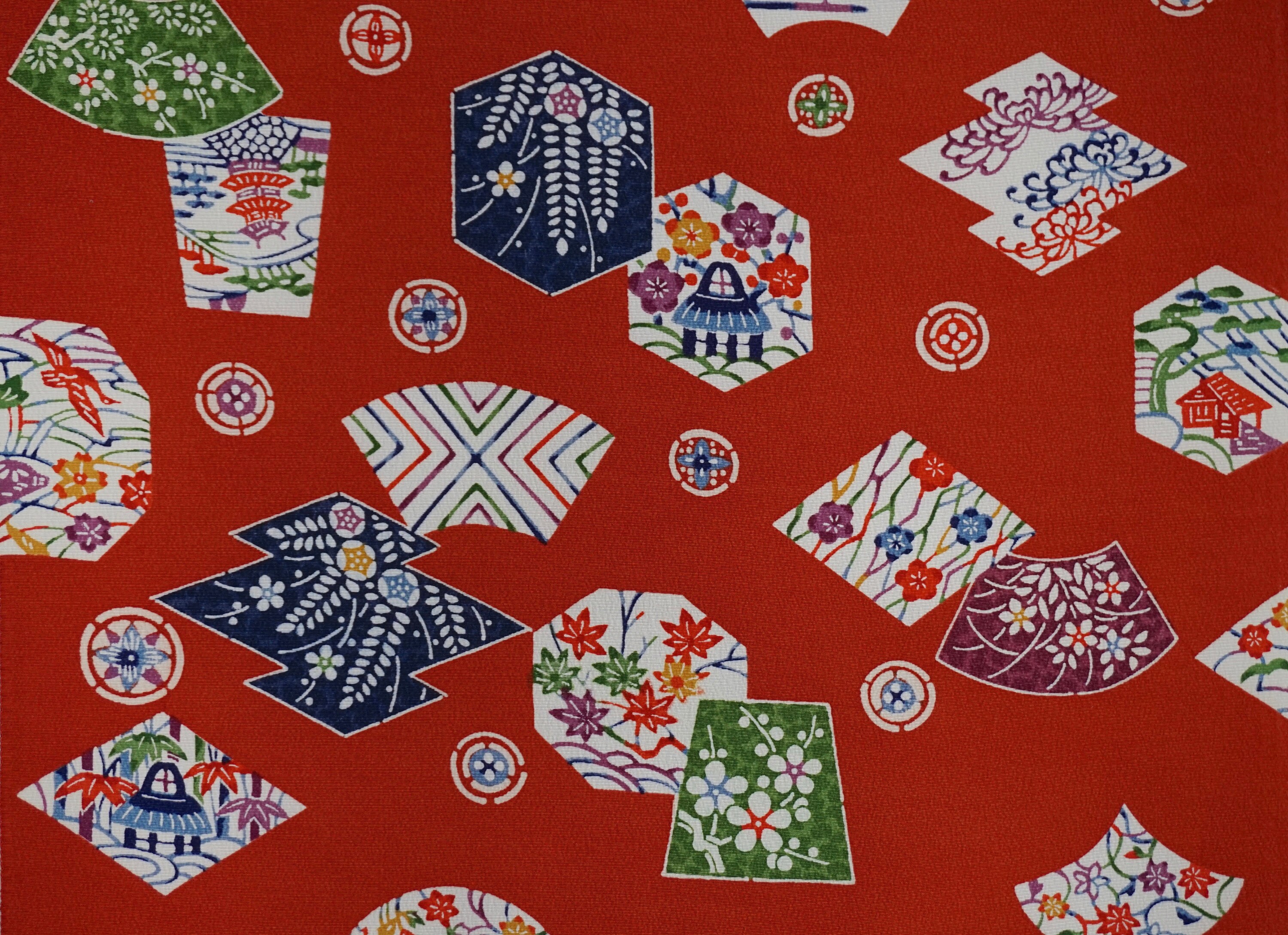 Japanese vintage kimono silk fabric Bingata Style Houses