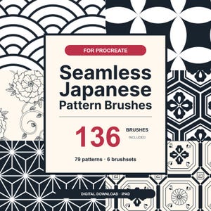 Pode incluir: Um gráfico de produto digital para Procreate com 136 pincéis de padrões japoneses sem costura em 79 padrões e 6 conjuntos de pincéis. O texto central diz: FOR PROCREATE, Seamless Japanese Pattern Brushes, 136 BRUSHES INCLUDED, 79 patterns, 6 brushsets, DIGITAL DOWNLOAD, IPAD. O fundo exibe vários padrões geométricos e florais em preto e branco.