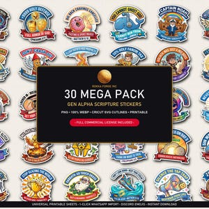 Puede incluir: Una colección de 30 pegatinas coloridas de escrituras Gen Alpha con varias ilustraciones de dibujos animados, temas religiosos y superposiciones de texto. La etiqueta rectangular negra central muestra el texto 30 MEGA PACK GEN ALPHA SCRIPTURE STICKERS.