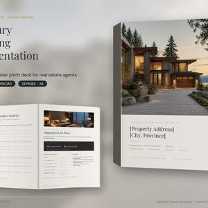 May include: A 24-page luxury listing presentation Canva template for real estate agents, featuring a cover page with a modern house image and a spread showing a comparative market analysis and suggested list price section in A4 format.