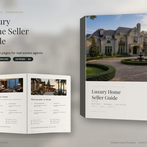 May include: A Luxury Home Seller Guide template for real estate agents, featuring a 24-page A4 document with a cover showing a stone mansion and interior pages displaying text and photos about staging a luxury home and photography and media.