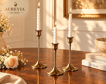 Brass Taper Candle Holder Set of 3, Gold Tone Vintage Modern Centerpiece Decor