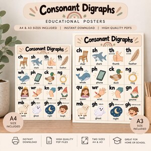 Peut inclure: Deux affiches éducatives intitulées Consonant Digraphs présentant une grille d'illustrations pour des sons comme ch, sh, th et wh. Chaque case affiche un digraphe consonantique, un mot correspondant et une image colorée comme une chaise ou un requin.