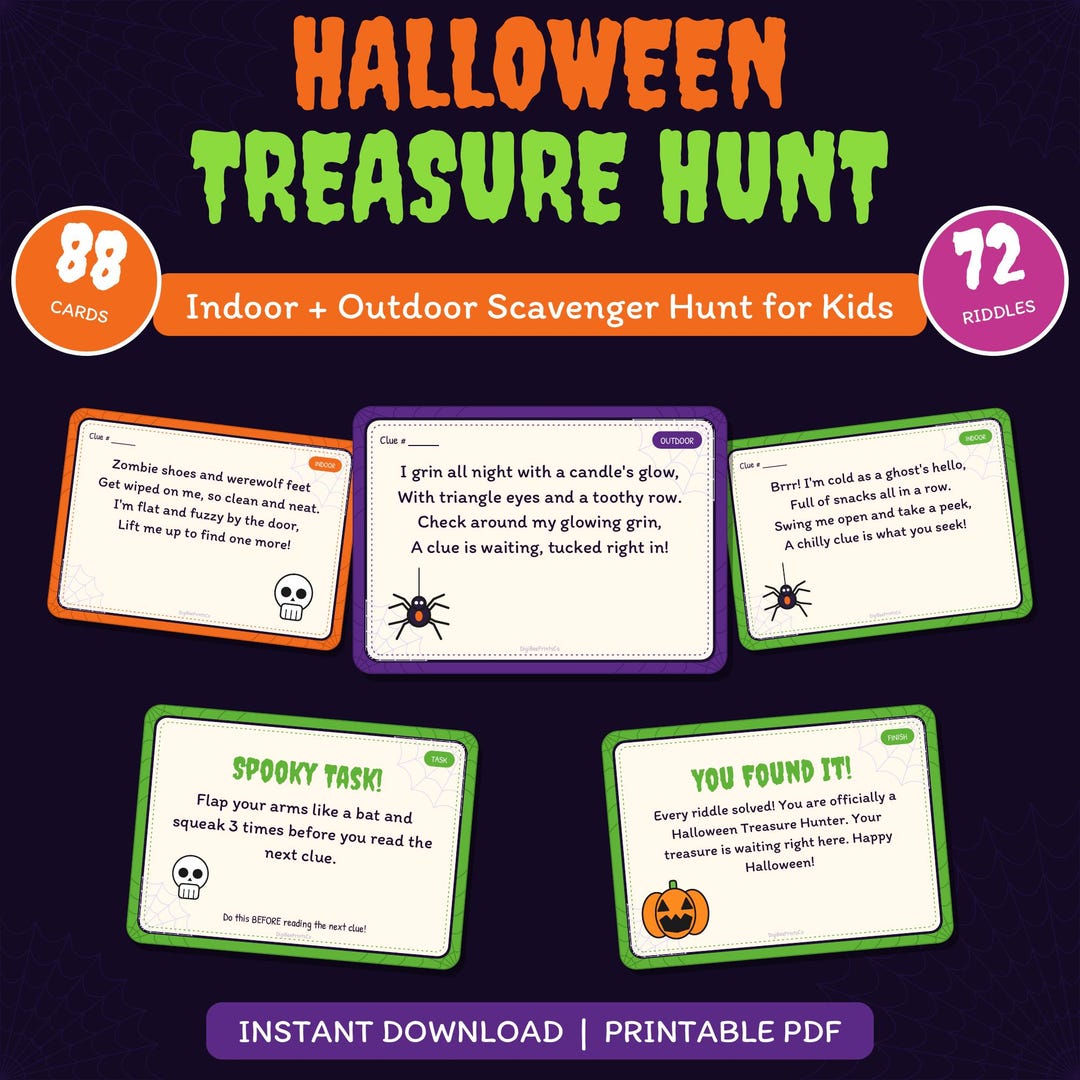 Halloween Treasure Hunt Printable, Indoor Outdoor Scavenger Hunt, 88 ...