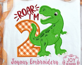 Roar I'm Two,Dinosaur Applique,Rex Applique,Dinosaur Embroidery,Dinosaur Birthday,Birthday Applique,Machine Embroidery Design