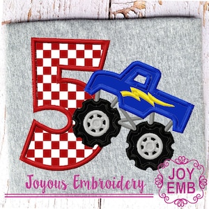 Monster Truck applique,Truck applique,Birthday boy applique,5th Birthday,Monster Turck Number Machine embroidery file NO:3089