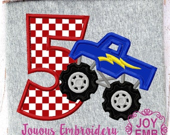 Monster Truck applique,Truck applique,Birthday boy applique,5th Birthday,Monster Turck Number Machine embroidery file NO:3089