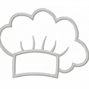 May include: A white outline of a chef's hat. The hat has a rounded top and a straight brim.
