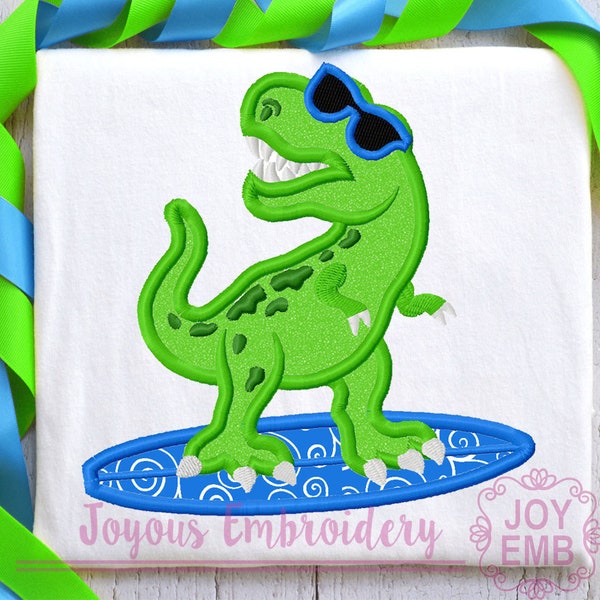 Surfing Dinosaur Applique,Summer Shirt Applique,Dinosaur Embroidery,Machine Embroidery Design