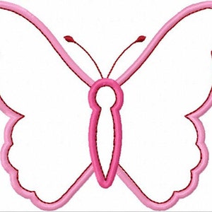 May include: A pink butterfly with a white outline. The butterfly has two wings and a body with a small head and two antennae.