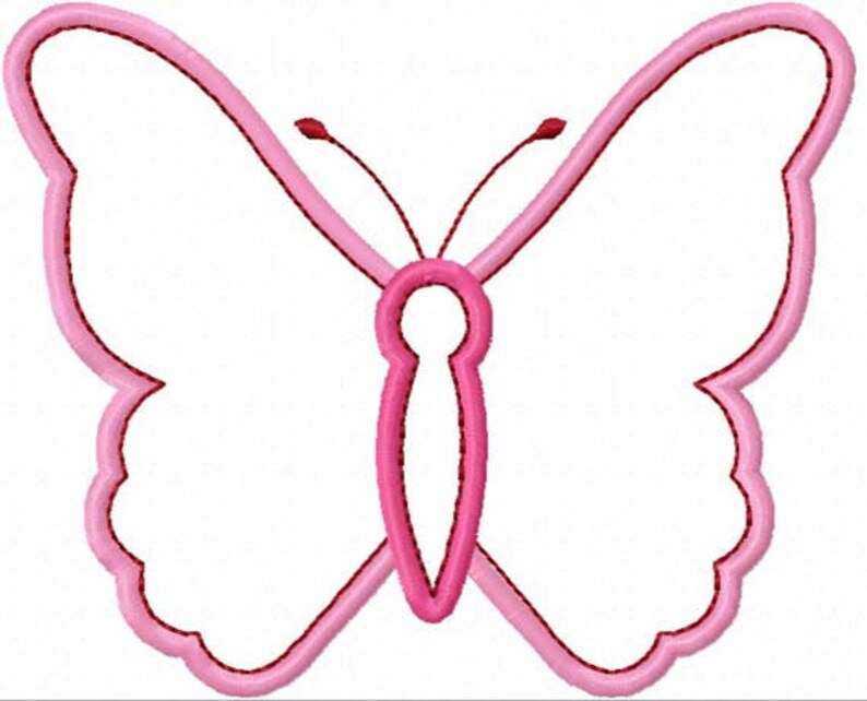 May include: A pink butterfly with a white outline. The butterfly has two wings and a body with a small head and two antennae.