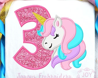 Unicorn Embroidery Design,Number 3 Applique,Birthday Unicorn Applique,Third Birthday Embroidery,Machine Embroidery File