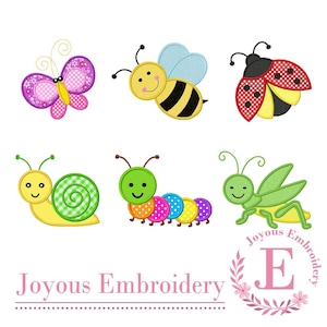 May include: Six colorful embroidered designs of a butterfly, bee, ladybug, snail, caterpillar, and grasshopper. The designs are perfect for embroidery projects.