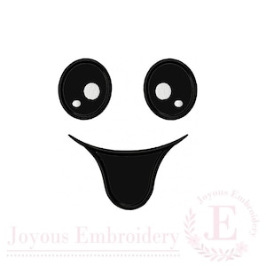 May include: An embroidery design featuring two large, solid black circular eyes with white highlights and a wide, black, curved mouth shape with a tongue extending downward. The design is centred on a plain background with a watermark in the corner.