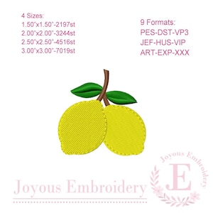May include: Embroidered design of two yellow lemons with green leaves and a brown stem. The image includes text indicating four size options: 1.50"x1.50", 2.00"x2.00", 2.50"x2.50", and 3.00"x3.00". Also includes nine format options.