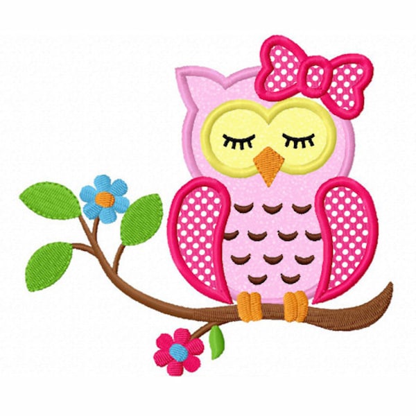 Instant Download Sleeping Girl Owl On Branch Applique Machine Embroidery Design NO:1332