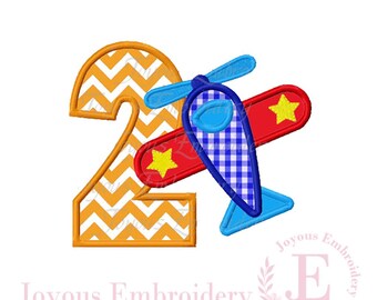 Airplane Number 2 Applique Embroidery Design, Airplane 2nd Birthday Shirt Embroidery File, Transportation Theme, Boy Birthday Shirt Design
