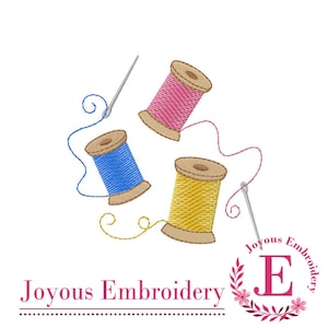 May include: Three spools of thread, one pink, one blue, and one yellow, with needles and thread tails, against a white background. The text "Joyous Embroidery" is below the spools, and a circle with the letter "E" and the text "Joyous Embroidery" is in the lower right corner.