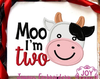 Moo I'm Two applique,Cow applique,Cow birthday applique,Instant download machine embroidery file NO:0318