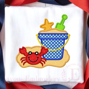 Diseño de bordado a máquina de aplique de cubo de playa, archivo de bordado a máquina de cangrejo