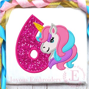Unicorn Number 6 Applique,Birthday Unicorn Embroidery,Birthday Unicorn Applique,sixth Birthday Design,Machine Embroidery File