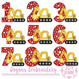 Excavator Number Applique,Birthday Embroidery Design,Number 1-9 Applique,Excavator Embroidery Design,Machine Embroidery,Joyous Embroidery