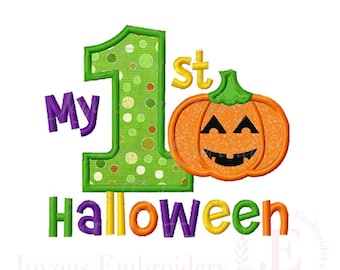 Il mio primo disegno di ricamo di Halloween, file di ricamo per il primo Halloween del bambino, ricamo a macchina con applicazione di zucca Jack O'Lantern.