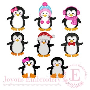 Könnte beinhalten: Eine Sammlung von Cartoon-Pinguin-Designs. Jeder Pinguin ist schwarz und weiß mit orangefarbenen Füßen und Schnabel. Einige Pinguine tragen Accessoires wie eine Schleife, einen Hut, Ohrenschützer und eine Fliege. Der Text "Joyous Embroidery" ist enthalten.