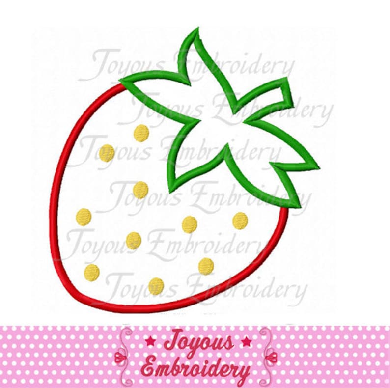 May include: A red and green embroidery design of a strawberry with yellow seeds. The design is outlined in black.