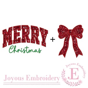 Pode incluir: Um design festivo com as palavras "MERRY Christmas" em glitter vermelho, combinado com um laço vermelho brilhante. O design também inclui o texto "Joyous Embroidery" em rosa, perfeito para artesanato e decorações de Natal.