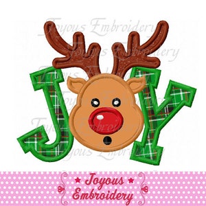 May include: Embroidered design of the word "JOY" with a red-nosed reindeer face in the center of the "O". The letters are green and red plaid.