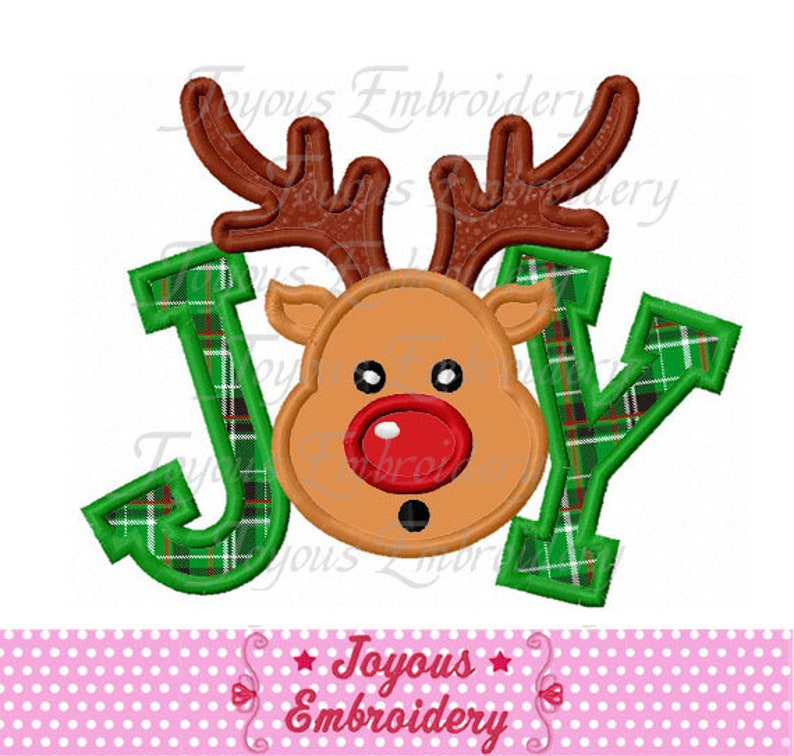 May include: Embroidered design of the word "JOY" with a red-nosed reindeer face in the center of the "O". The letters are green and red plaid.