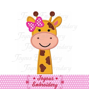 May include: A yellow and brown giraffe with a pink bow and a smiling face. The giraffe is a digital embroidery design.