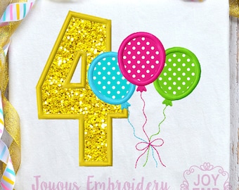Birthday Applique,Number 4 Applique,Fourth Birthday Embroidery,Balloon Applique,Machine Embroidery,Embroidery Design