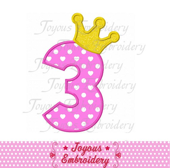 Princess Tiara #3 Applique Machine Embroidery Design Birthday crown number three third 3rd INSTANT DOWNLOAD