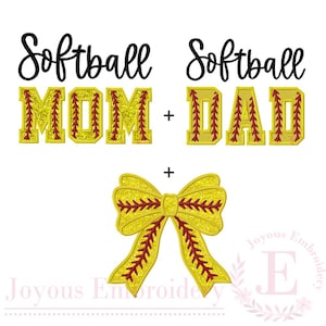 May include: A graphic design featuring the word "Softball" above the words "MOM" and "DAD", each designed to resemble a baseball. A yellow bow with red stitching is below. The design is for softball enthusiasts.