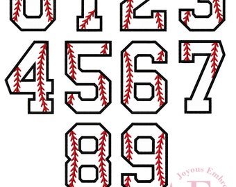 Puede incluir: Un conjunto de diez números blancos de estilo béisbol con costuras rojas, del 0 al 9. Los números están delineados en negro y tienen un fondo blanco.