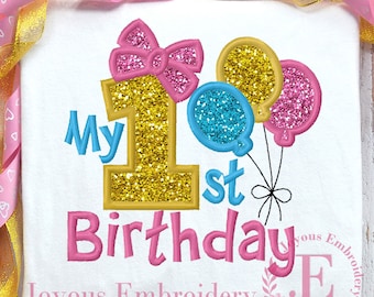 First Birthday Applique Embroidery,Birthday Girl Tshirt Embroidery Design,Birthday Balloons Embroidery Design,Machine Embroidery Design