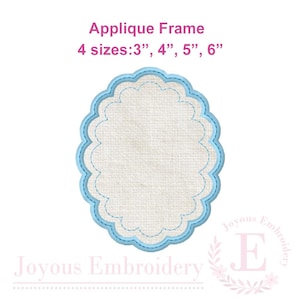 Può includere: Un telaio ovale per applicazioni con un bordo smerlato azzurro e un centro bianco strutturato. Il telaio è disponibile in 4 misure: 7,6 cm, 10,2 cm, 12,7 cm e 15,2 cm. Il testo "Applique Frame" è in alto e "Joyous Embroidery" in basso.