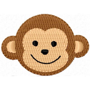 Puede incluir: Parche bordado con la cara de un mono sonriente. El mono tiene pelaje marrón, cara y orejas color beige, y ojos y boca negros. El parche circular es de tela.