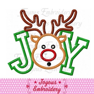 May include: Green "JOY" letters with a red-nosed reindeer face in the center. The reindeer has brown antlers and a brown face.