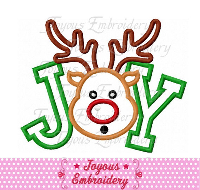 May include: Green "JOY" letters with a red-nosed reindeer face in the center. The reindeer has brown antlers and a brown face.