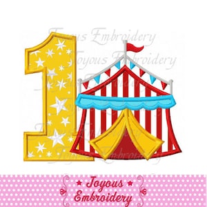 May include: Embroidered design of the number one with a red and white striped circus tent with a yellow flap. The number one is yellow with white stars.