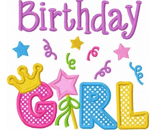 Birthday Girl With Crown Applique Machine Embroidery Design,Birthday embroidery,Birthday Girl applique design NO:1384