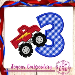 Monster Truck applique,Truck applique,Birthday Applique,Birthday Boy,Third Birthday Applique,Number Applique Machine embroidery file NO:3089